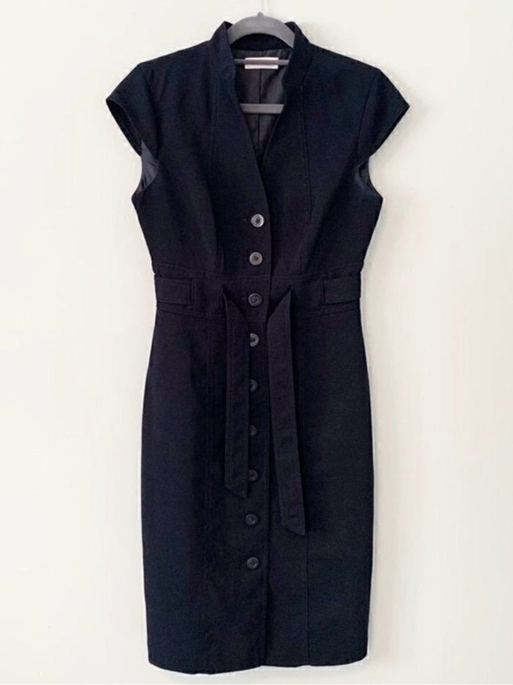 Calvin Klein Button Front Sheath Dress Women XS Navy Blue Belted Mock Neck Cap